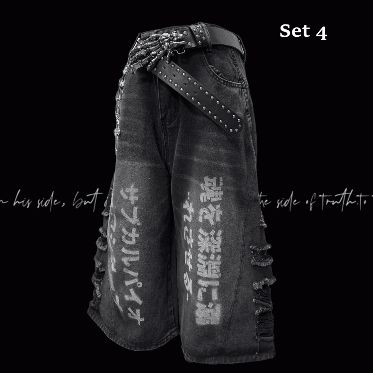 穴あき裾パンクフェードウォッシュダメージ加工ダークワイドレッグジーンズグレー