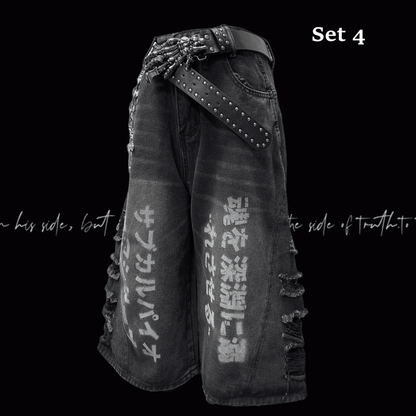 穴あき裾パンクフェードウォッシュダメージ加工ダークワイドレッグジーンズグレー