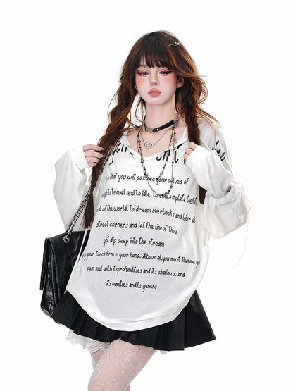 Hoodie V-Ausschnitt Schwarz/Weiß/Blau Buchstabendruck Locker Halbtransparent