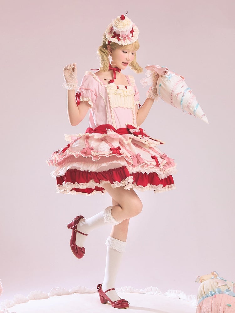 and Bowknot Red Dress Lolita Sweet Pink Hem Dropped Layered Waist Details