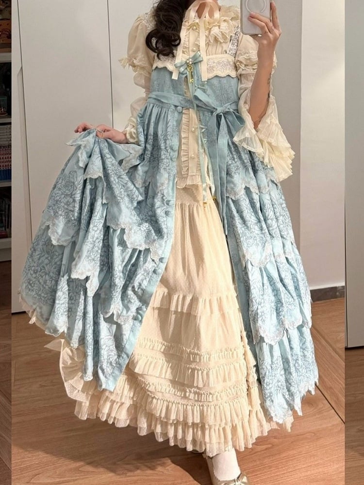 Jupe multicouche en tulle beige élégant à ourlet volanté ample Lolita
