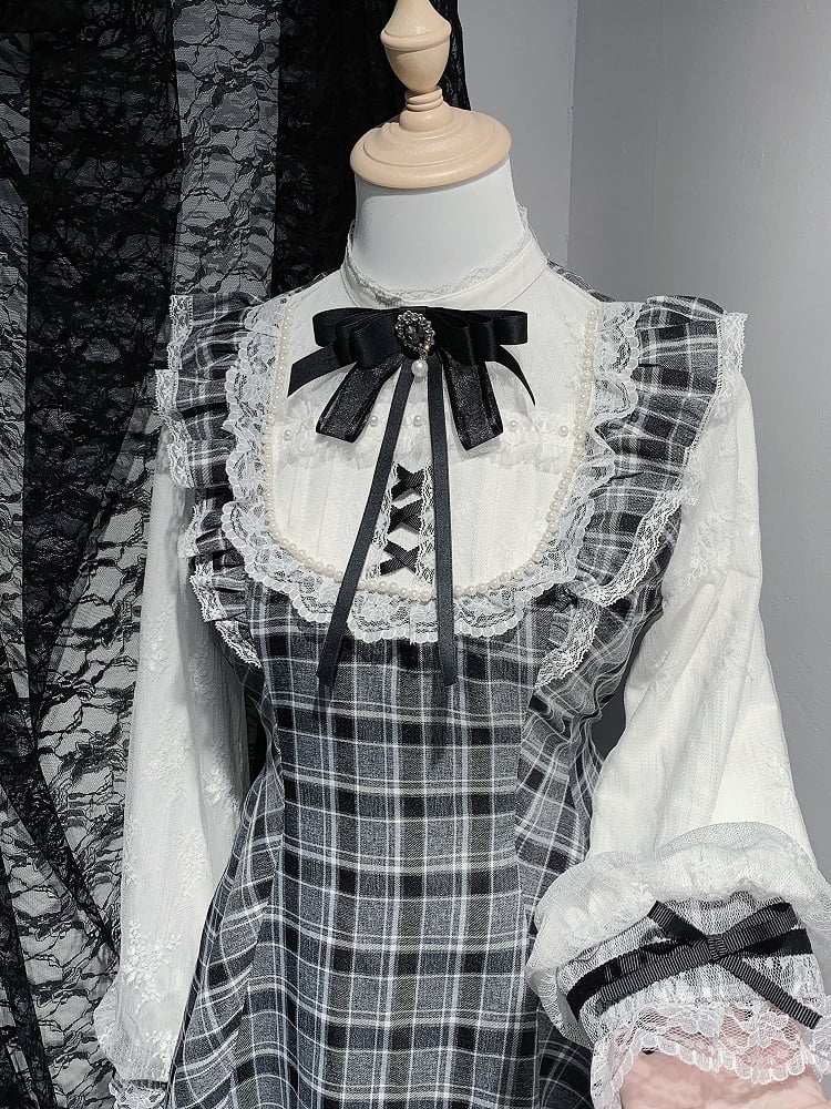 Plaid White/Gray Black Shorts Sleeves Set: with Long Illusion Neckline Top in Jirai Kei
