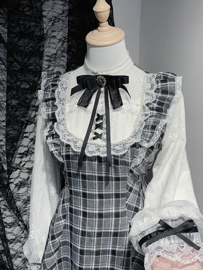 Plaid White/Gray Black Shorts Sleeves Set: with Long Illusion Neckline Top in Jirai Kei