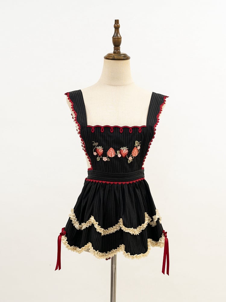 ストロベリープリントの黒と赤のスイートピーターパンカラーロリータワンピースフルセット