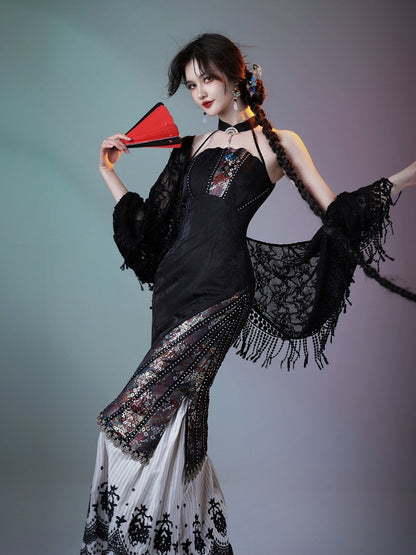 Vintage Halter Neck Lace Dress with Embroidery - sijinstudio