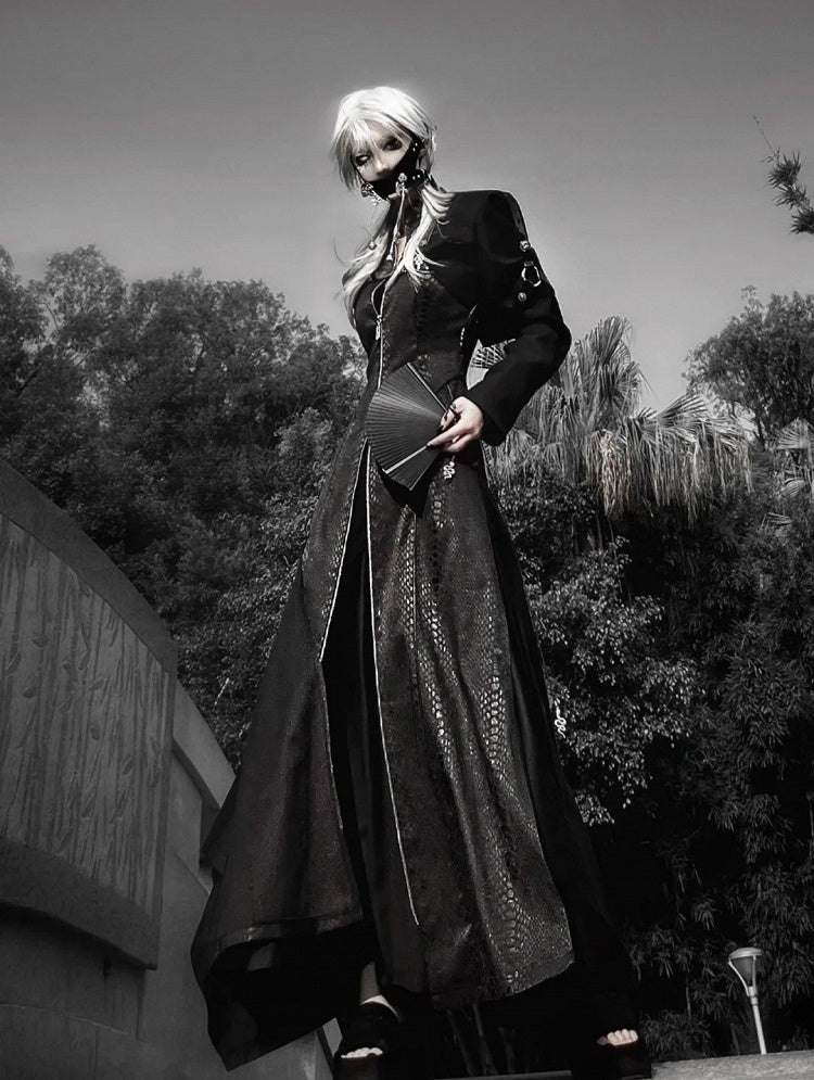 Black Unisex Gothic Snakeskin-Grain Long Coat with False Two-Piece Design & Dual Zips - Wu Xiang Gui Shi