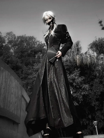 Black Unisex Gothic Snakeskin-Grain Long Coat with False Two-Piece Design & Dual Zips - Wu Xiang Gui Shi