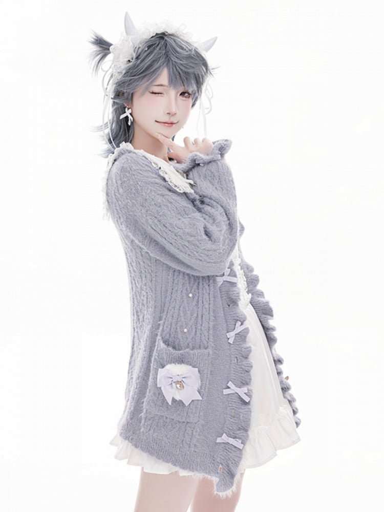 Jirai Kei Gray Bow Accents Landmine Style Soft Cardigan