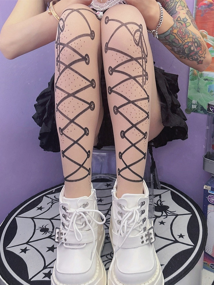 Strumpfhose Print Träger Y2K Schnürung Nude