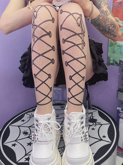 Tights Print Straps Y2K Lace-up Nude