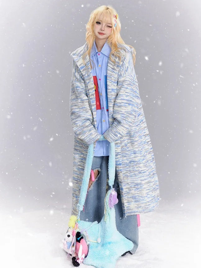 Blue and White Tie Dye Stripes Long Hooded Cardigan