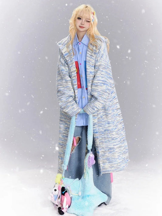 Blue and White Tie Dye Stripes Long Hooded Cardigan