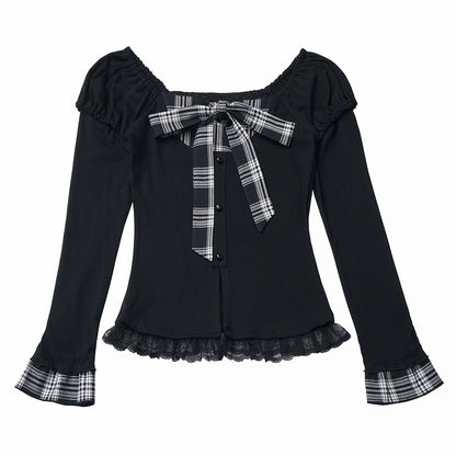Trim Lace Bowknot and Plaid Subculture Top with Two-Piece Fashion Faux Black