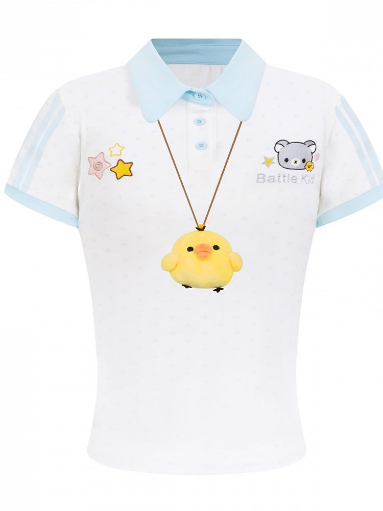 White Polka-Dot Tee with Bear Motif & Chick Charm - Languid Park
