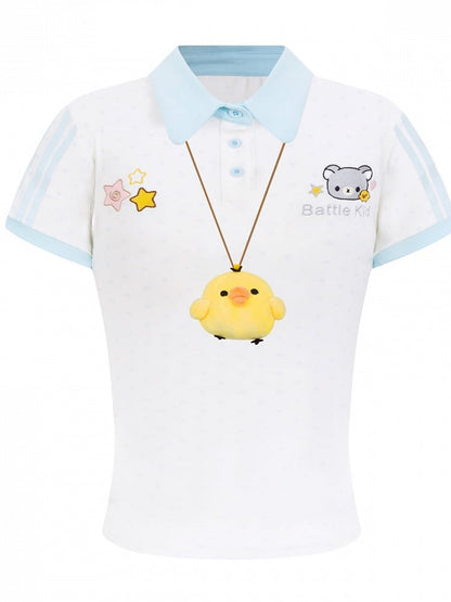 White Polka-Dot Tee with Bear Motif & Chick Charm - Languid Park