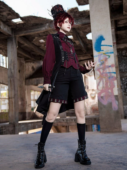 Wine Red Ouji Lolita Pointed Foldover Collar Vampire Long Sleeves Shirt
