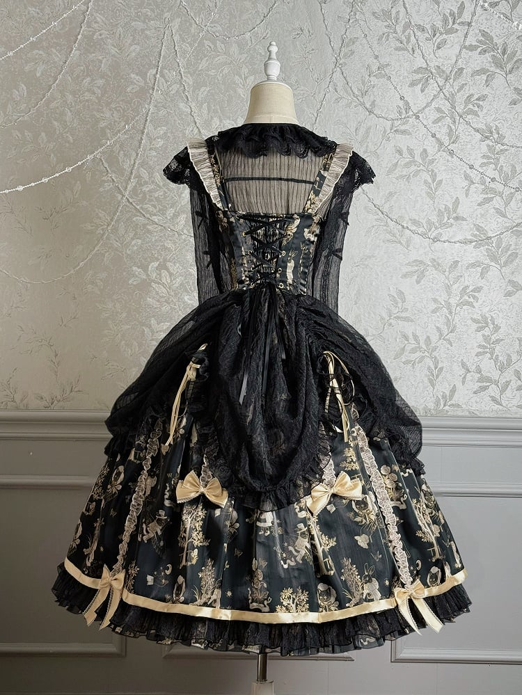 Overlay Waist Corset Drawstring Black Skirt Lolita Jumper and Gold