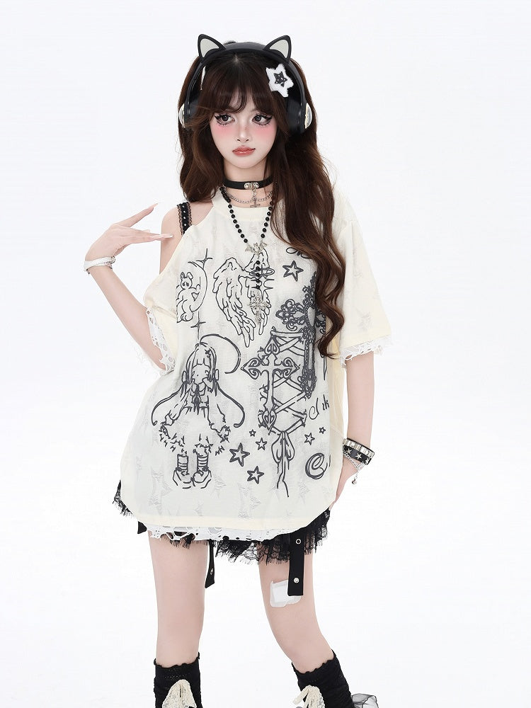 ブラック/ベージュ カットアウトショルダー グラフィティ ビタースイート Tシャツ エンジェルラッキー