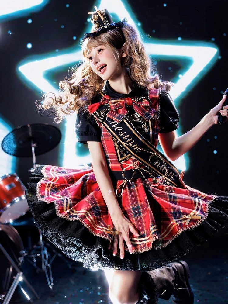 Red Idol Lolita Plaid JSK Dress with Golden Bear Embroidery and Black Scalloped Hem - LiLi Chain