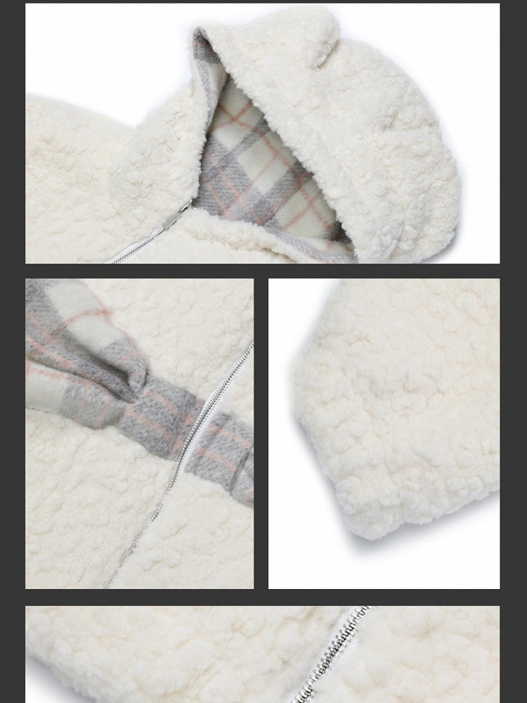 Milchweiß karierter Fleece-Kapuzenpullover mit Schleife und Bärenohren