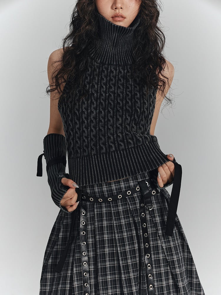 Sleeveless Black with Turtleneck Punk Thumbhole Sweater Detachable Sleeves Backless