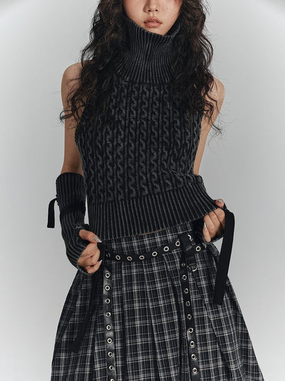 Sleeveless Black with Turtleneck Punk Thumbhole Sweater Detachable Sleeves Backless