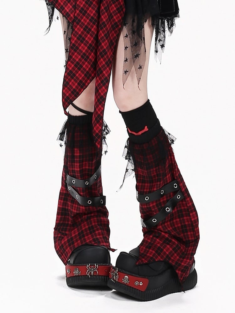 Blue White Red Plaid Leg Warmers with Leather Straps - CRAZY GIRL