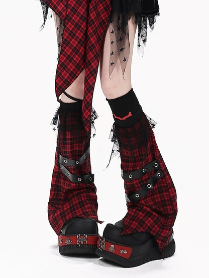 Blue White Red Plaid Leg Warmers with Leather Straps - CRAZY GIRL