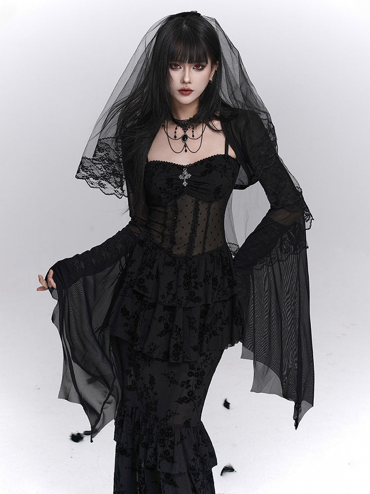 Gothic Black Mermaid Slip Dress with Polka Dot Sheer Top and Floral Embroidery Tiered Skirt - Lady Ghost
