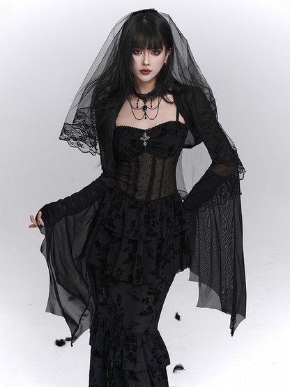 Gothic Black Mermaid Slip Dress with Polka Dot Sheer Top and Floral Embroidery Tiered Skirt - Lady Ghost