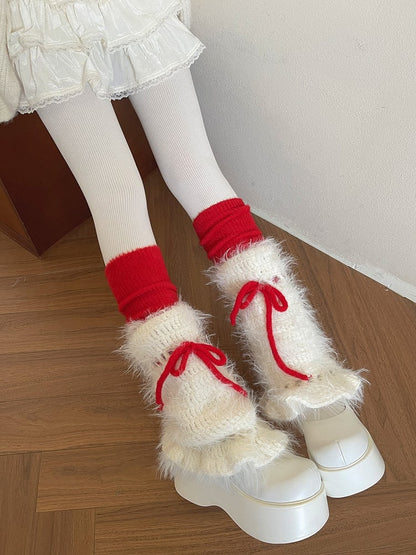 Leg Fluffy Warmers with Bow Red Accents Knit