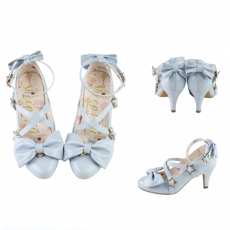 ブルーのリボンスターストラップヒールハイバックルトップ