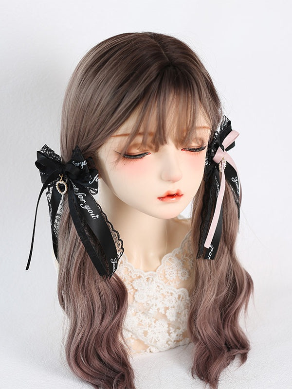 Kei Pink Lace Jirai Hairclip with Heart Charm Black Bowknot /