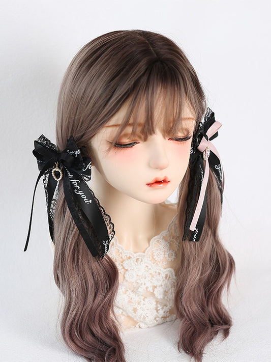 Kei Pink Lace Jirai Hairclip with Heart Charm Black Bowknot /