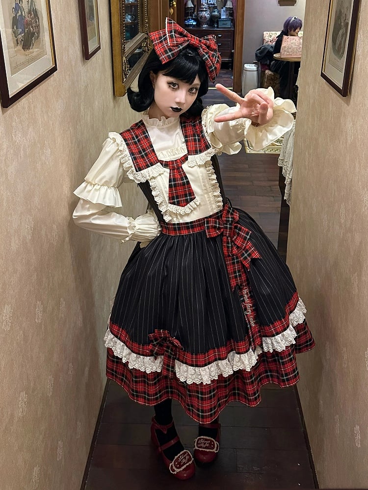赤いチェック柄と黒いストライプ柄のドレス、取り外し可能な襟とネクタイ付きロリータジャンパースカート