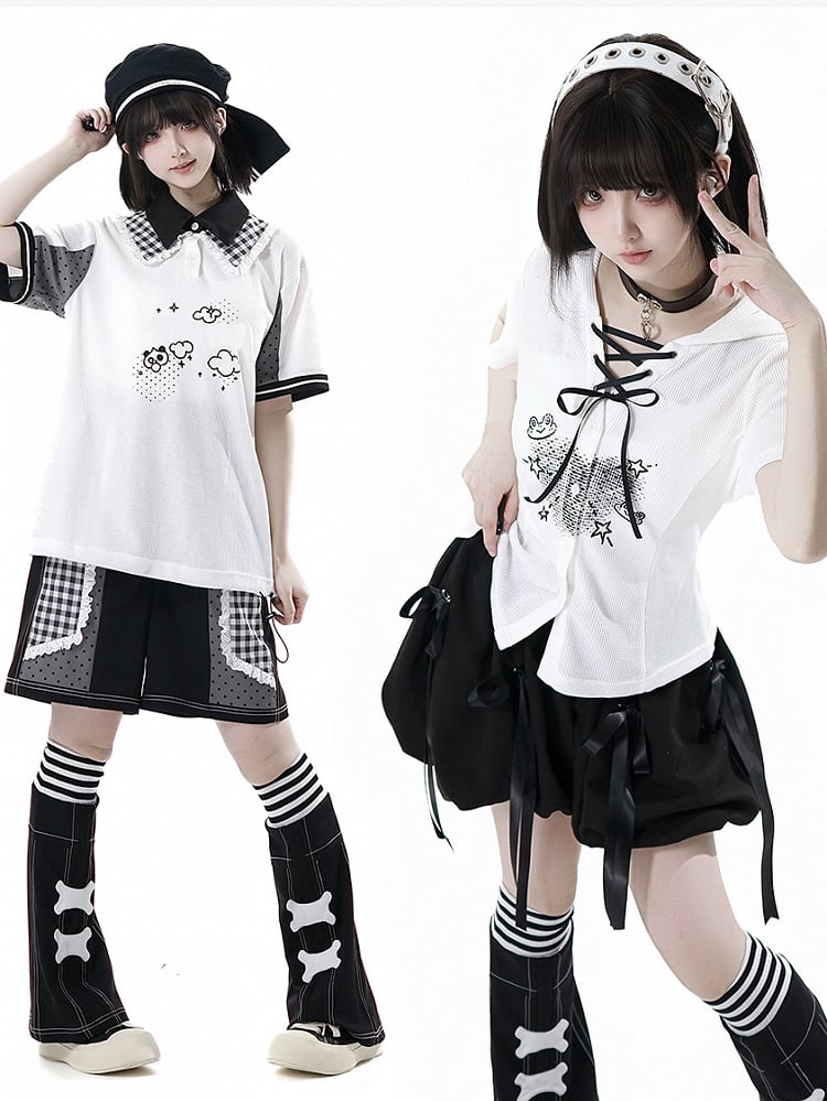 Black Plaid Patchwork Lace Trim Wide-leg Shorts White and