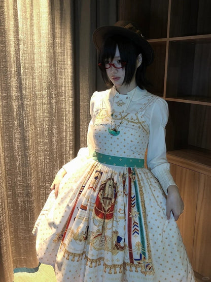 White Musical Print Elegant Lolita Jumper Skirt - Crucis Universal Tailor Company