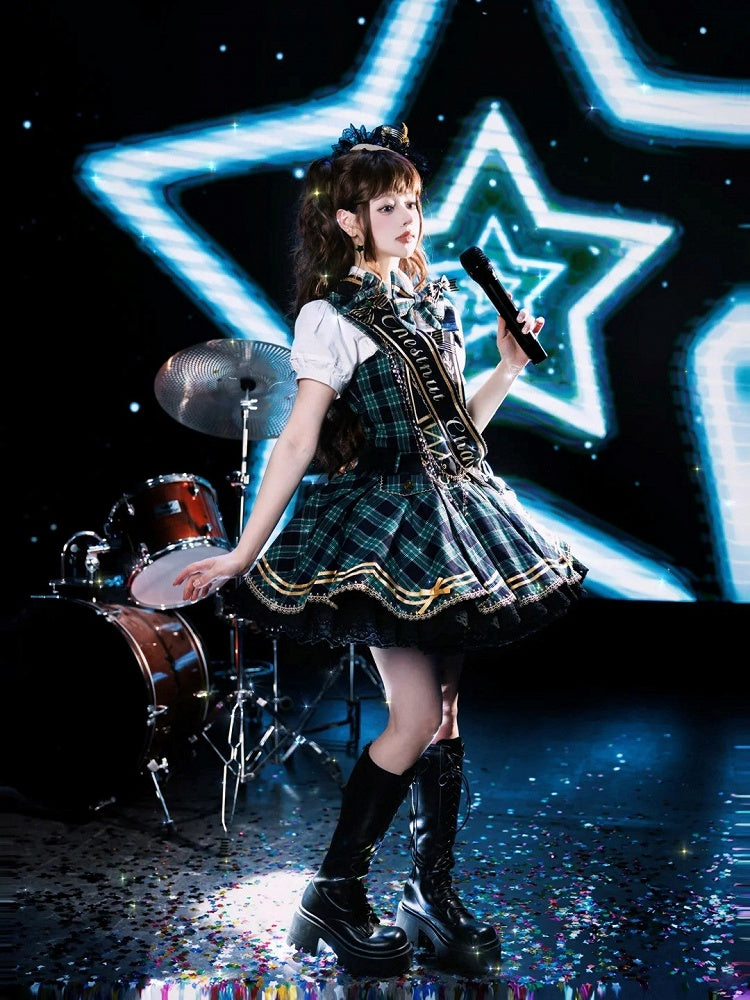 Green Idol Lolita Plaid JSK Dress with Golden Bear Embroidery and Black Scalloped Hem - LiLi Chain