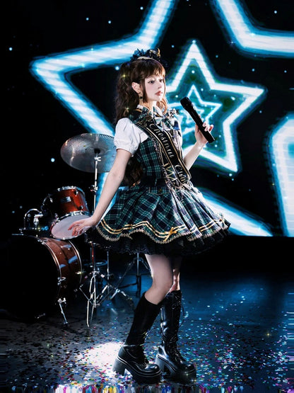 Green Idol Lolita Plaid JSK Dress with Golden Bear Embroidery and Black Scalloped Hem - LiLi Chain
