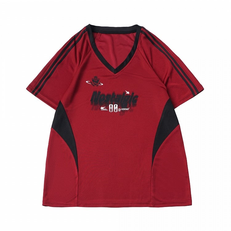Athletic Red & Black V-Neck Tee with Letter Graphic