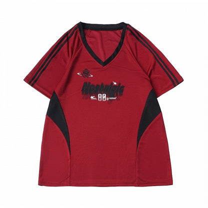 Athletic Red & Black V-Neck Tee with Letter Graphic