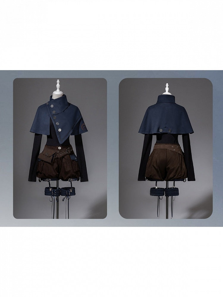 Ouji Lolita Knit Top Asymmetrical Cape Shorts Leg Rings Belt Scarf Outfit - Unknown Star