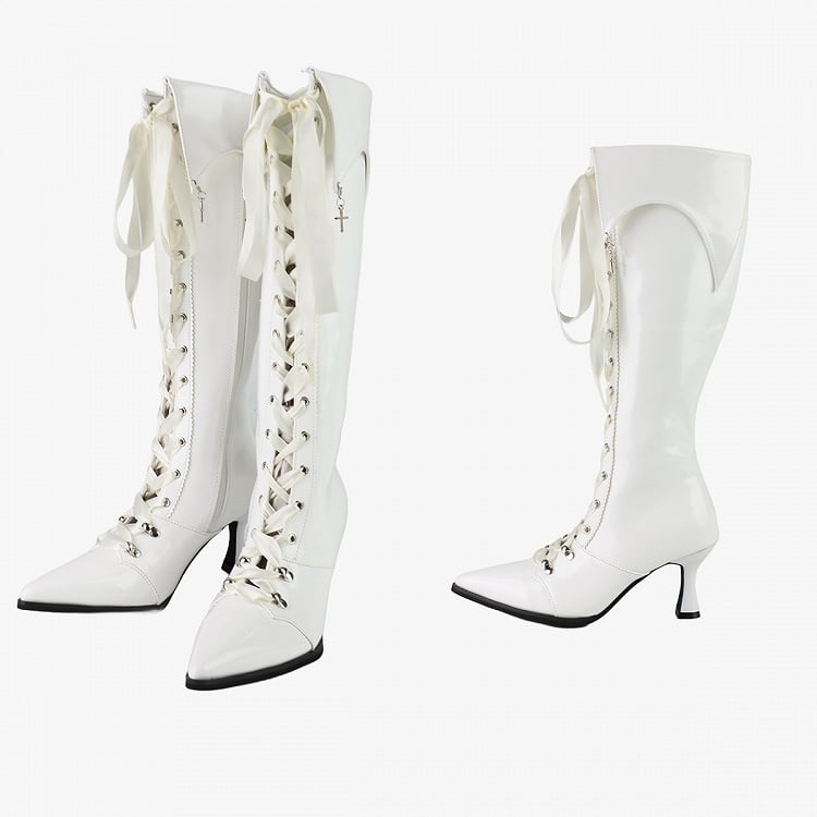 High-heel Gothic Polished Knee-Length Fold-Down - Collar White Boots