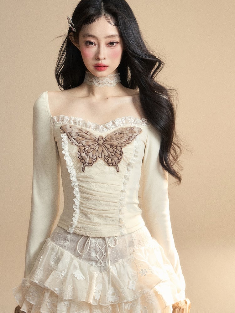 Aprikosenspitze Schmetterling bestickt Plüsch Manschette glamouröse Top gestrickte Trim