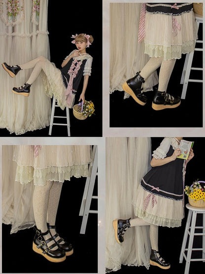 Plateau-Spitze mit Keilschnalle 3-5 cm Sohle rund schwarz 3 Riemen