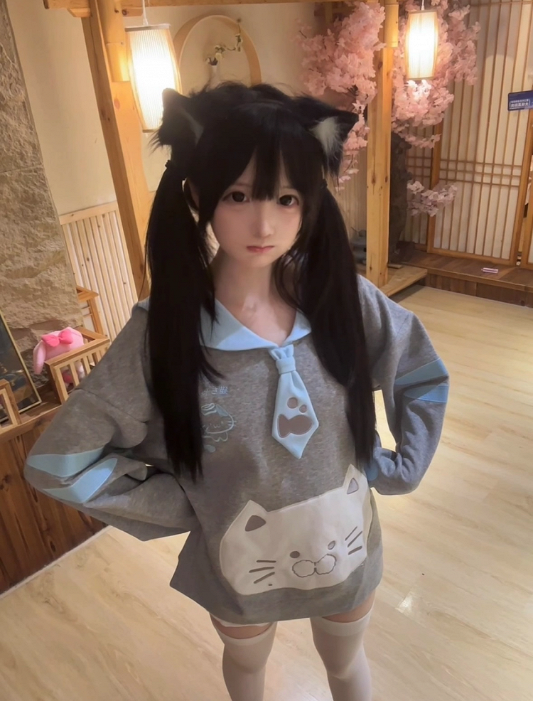 with Aesthetic Collar Girl Blue Soft Sweatshirt Cat-Ear Gray Embroidery Sailor Angel Kitten