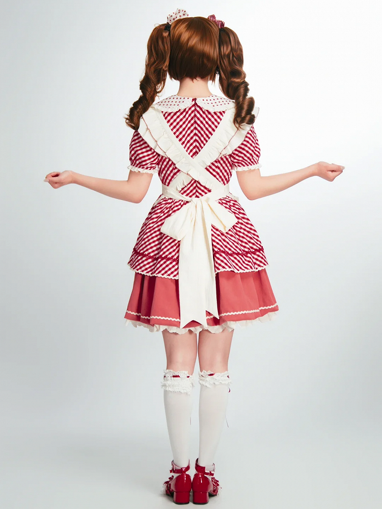 Kleid mit kariertem Lolita-Kragen, Peter-Muster, Erdbeer-Pfanne, süße rosa Schürze