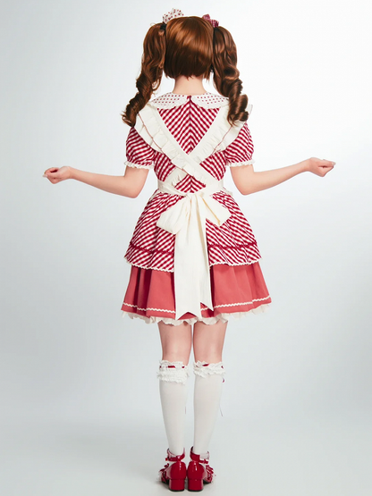 Kleid mit kariertem Lolita-Kragen, Peter-Muster, Erdbeer-Pfanne, süße rosa Schürze