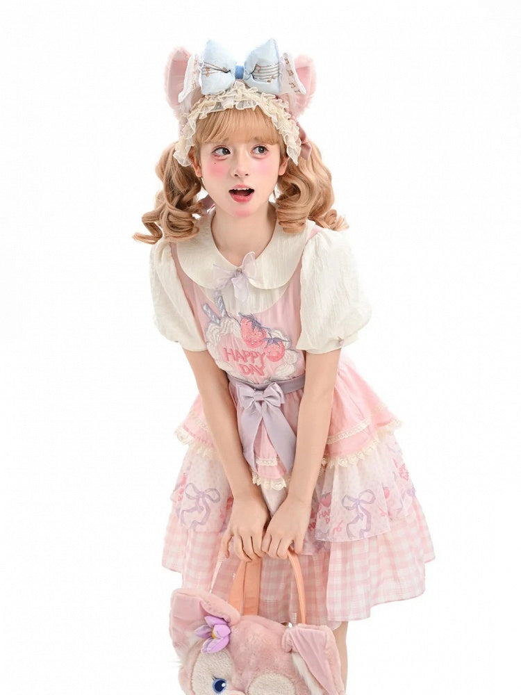 Kragen Rosa Lolita Kleid Rock Erdbeerkuchen Stickerei Sweet Peter Pan Tiered