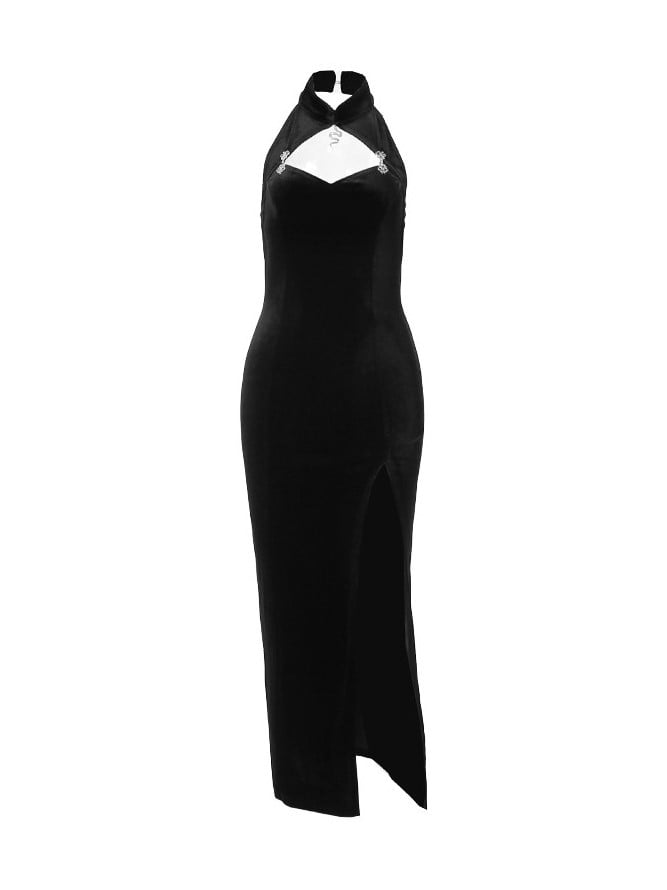 Accent Slit Metal with Thigh-high Black Snake Gothic Halloween Cheongsam Qipao